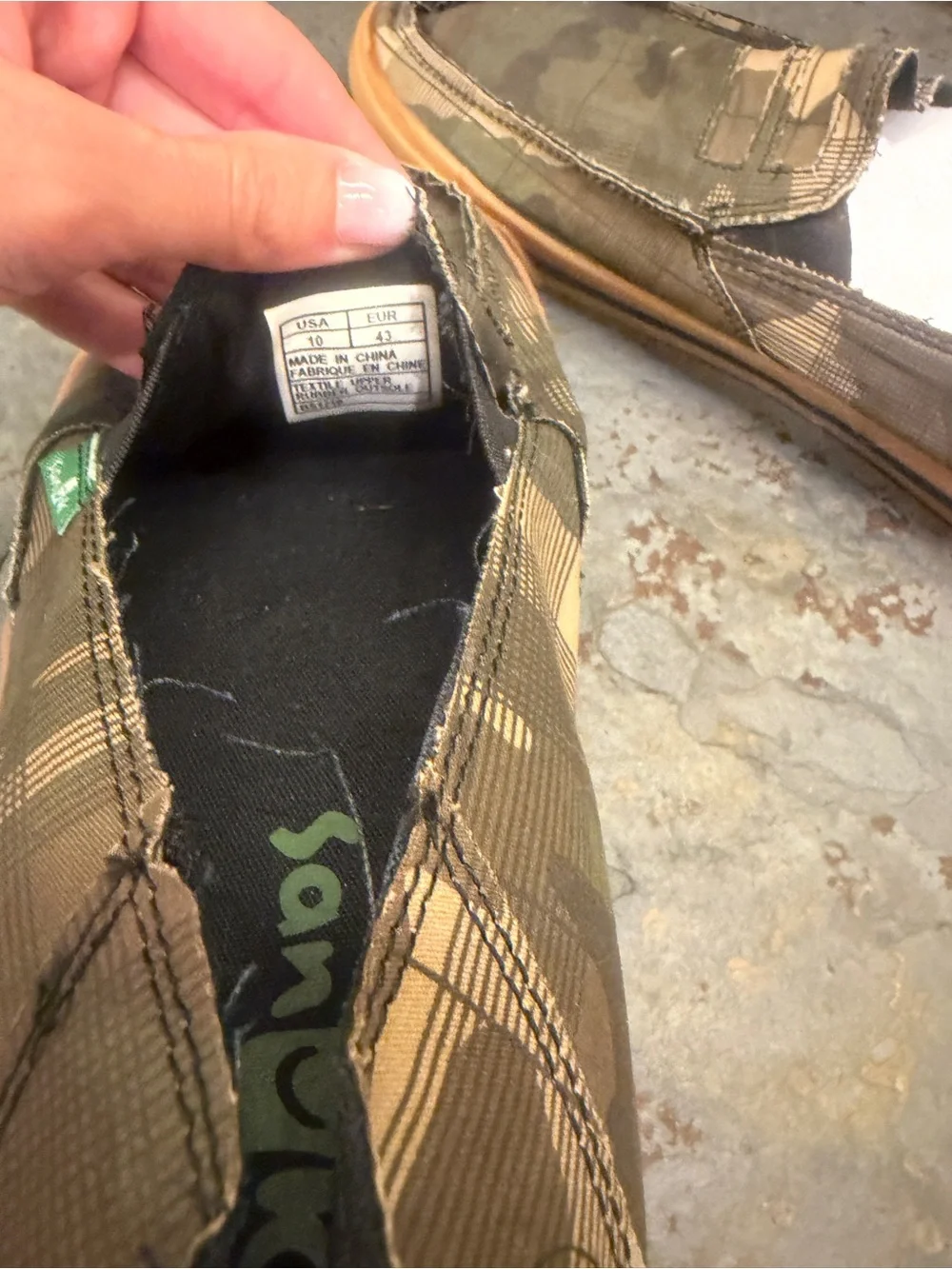 Sanuk Men's Camo Slip-On Canvas Shoes - Olive & Brown with Gum Sole- Like New
